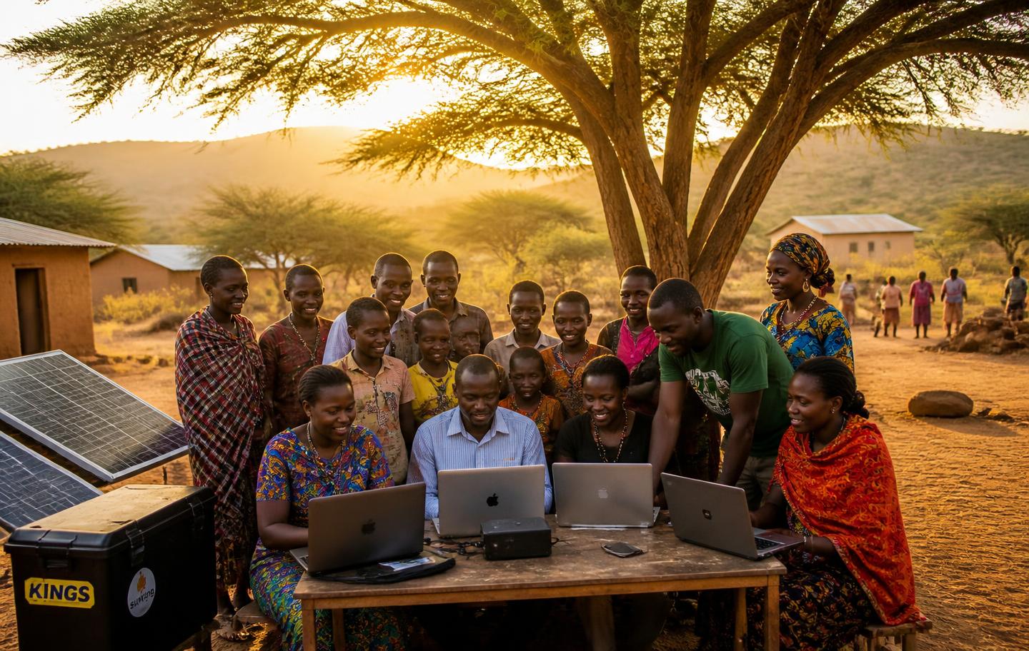 A Kenyan village community gathered around solar-powered laptops under an acacia tree at sunset